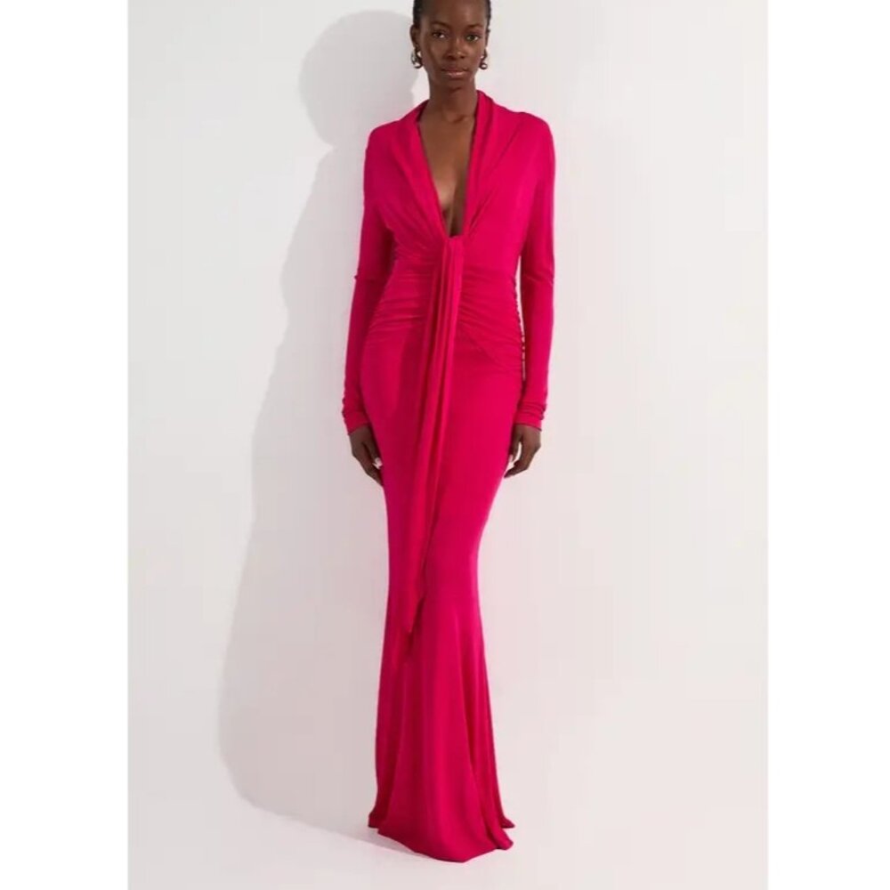Karen Millen Fuchsia Long Sleeve Maxi Twist Front Gown
